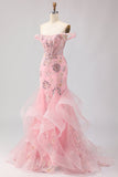 Vestido longo de baile de baile de sereia com contas e tons de ombro descoberto, com folhos