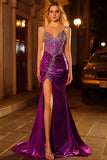 Vestido de Baile Longo Alças Finas Douradas Brilhantes Bordado com Miçangas