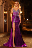 Vestido longo de baile de finalistas com espartilho de sereias roxo escuro com missangas