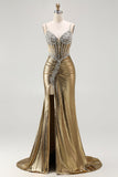 Zapaka Mulheres Vestido de Baile Longo Alças Finas Douradas Brilhantes Bordado com Miçangas