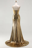 Vestido de Baile Longo Alças Finas Douradas Brilhantes Bordado com Miçangas