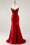 Sereia Vermelha Strapless Espartilho Espartilho Frisado Longo Vestido de Baile com Fenda