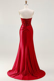 Sereia Vermelha Strapless Espartilho Espartilho Frisado Longo Vestido de Baile com Fenda