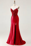 Sereia Vermelha Strapless Espartilho Espartilho Frisado Longo Vestido de Baile com Fenda