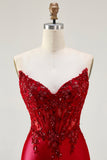Sereia Vermelha Strapless Espartilho Espartilho Frisado Longo Vestido de Baile com Fenda