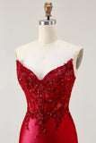 Sereia Vermelha Strapless Espartilho Espartilho Frisado Longo Vestido de Baile com Fenda