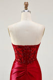 Sereia Vermelha Strapless Espartilho Espartilho Frisado Longo Vestido de Baile com Fenda