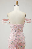Vestido de baile longo de lantejoulas com lantejoulas, ombro descoberto e bordado