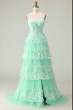 Querida Uma Linha Espartilho Roxo Tiered Ruffle Long Prom Dress com Sequins