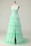 Verde Uma Linha Querida Corset Tiered Ruffled Long Prom Dress com Sequins
