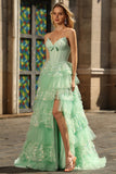 Vestido de baile de finalistas verde Linha A Linha A, Vestido Longo, Longo com Folhos e Lantejoulas