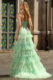 Vestido de baile de finalistas verde Linha A Linha A, Vestido Longo, Longo com Folhos e Lantejoulas