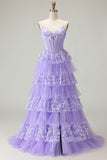 Verde Uma Linha Querida Corset Tiered Ruffled Long Prom Dress com Sequins