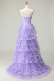Querida Uma Linha Espartilho Roxo Tiered Ruffle Long Prom Dress com Sequins