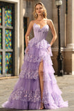 Purple Sweetheart A Line Corset Vestido de Baile Longo com Folhos e Lantejoulas