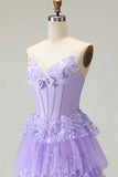 Querida Uma Linha Espartilho Roxo Tiered Ruffle Long Prom Dress com Sequins