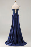 Vestido de Baile Longo com Alças Finas Marinho Brilhante e Padrão Floral