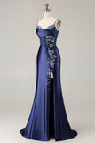 Vestido de Baile Longo com Alças Finas Marinho Brilhante e Padrão Floral