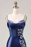 Vestido de Baile Longo com Alças Finas Marinho Brilhante e Padrão Floral
