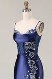 Vestido de Baile Longo com Alças Finas Marinho Brilhante e Padrão Floral