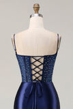 Vestido de Baile Longo com Alças Finas Marinho Brilhante e Padrão Floral