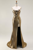 Sereia Dourada Escura Metálica Strapless Cut out Long Prom Dress com Fenda