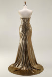 Sereia Dourada Escura Metálica Strapless Cut out Long Prom Dress com Fenda