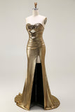 Sereia Dourada Escura Metálica Strapless Cut out Long Prom Dress com Fenda