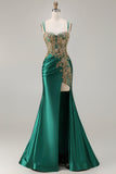 Vestido de Baile de Finalistas Longo com Contas de Sereia Verde-Escuro e Talha Grande, Vestido de Baile Longo com Fenda