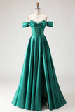 Vestido de Baile de Finalistas com Espartilho Verde Escuro Ombro Descoberto, Vestido de Baile Longo com Fenda
