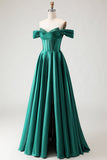 Vestido de Baile de Finalistas com Espartilho Verde Escuro Ombro Descoberto, Vestido de Baile Longo com Fenda