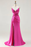 Fuchsia Sereia Streamer frisado Ruched Long Prom Dress com fenda