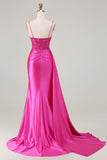 Fuchsia Sereia Streamer frisado Ruched Long Prom Dress com fenda