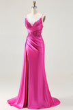 Fuchsia Sereia Streamer frisado Ruched Long Prom Dress com fenda