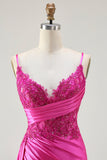 Fuchsia Sereia Streamer frisado Ruched Long Prom Dress com fenda