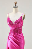 Fuchsia Sereia Streamer frisado Ruched Long Prom Dress com fenda