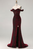 Vestido de baile preto vermelho de sereia ombro descoberto e tamanho longo com fenda