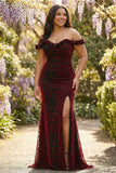 Vestido de baile preto vermelho de sereia ombro descoberto e tamanho longo com fenda
