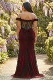 Vestido de baile preto vermelho de sereia ombro descoberto e tamanho longo com fenda