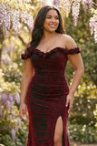 Vestido de baile preto vermelho de sereia ombro descoberto e tamanho longo com fenda