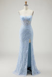 Vestido de Baile de Finalista Longo em Corset Transparente com Renda em Espartilho com Contas e Abertura Azul Aplicada à Sereia Azul
