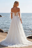 Espartilho de Tule Branco Bordado Vestido de Noiva Longo com Laço