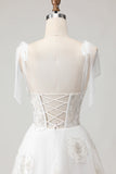 Espartilho de Tule Branco Bordado Vestido de Noiva Longo com Laço