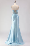 Vestido de Baile Longo de Finalistas 3D Flor Sem Alças Azul Sem Alças com Lantejoulas