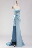 Vestido de Baile Longo de Finalistas 3D Flor Sem Alças Azul Sem Alças com Lantejoulas