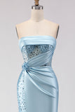 Vestido de Baile Longo de Finalistas 3D Flor Sem Alças Azul Sem Alças com Lantejoulas