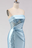 Vestido de Baile Longo de Finalistas 3D Flor Sem Alças Azul Sem Alças com Lantejoulas