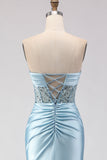 Vestido de Baile Longo de Finalistas 3D Flor Sem Alças Azul Sem Alças com Lantejoulas
