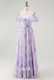 Lavanda Floral babado fora do ombro Um vestido de dama de honra linha