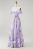 Lavanda Floral babado fora do ombro Um vestido de dama de honra linha